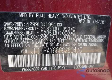 2016 Subaru Impreza 2.0I Sport Limited from USA, damaged, VIN JF1GPAY66G8280470